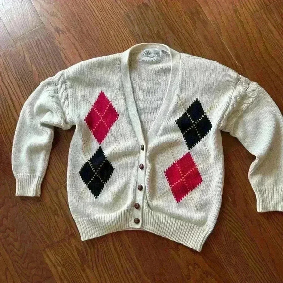 Vintage 90's Argyle Cardigan Sweater Shoulder Pads Country Club Prep size Large - Picture 9 of 12